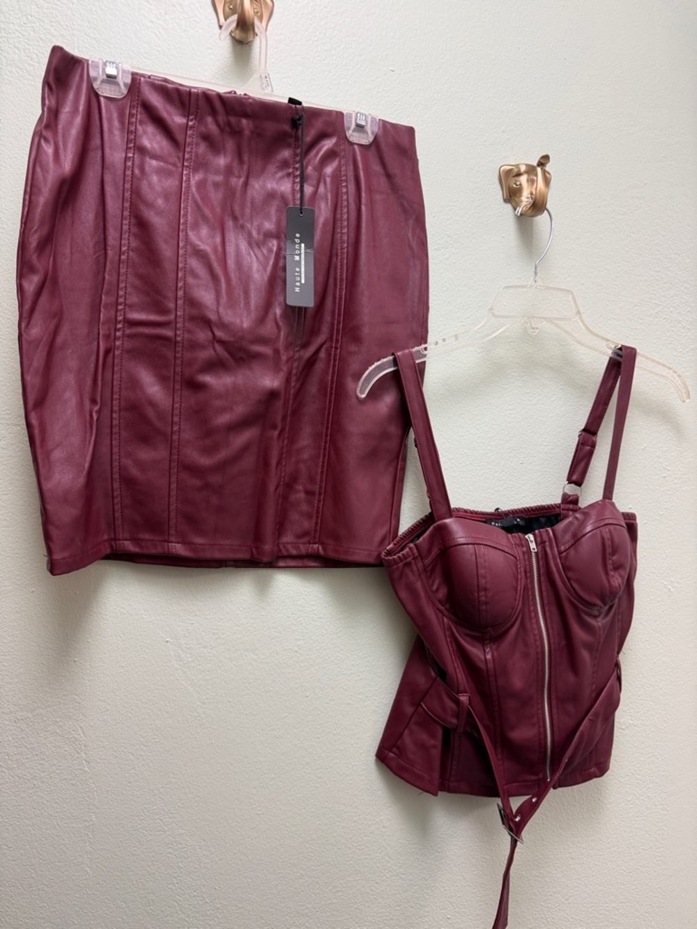 Haute Monde Burgundy Faux Leather Mini Skirt with Matching Bustier